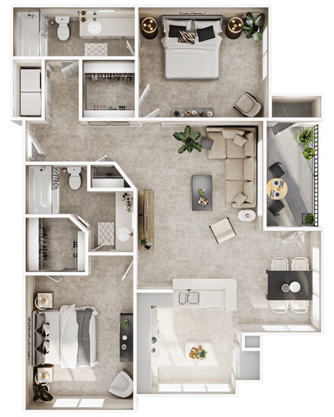 a 3d rendering of a floor plan with bedrooms and a living room